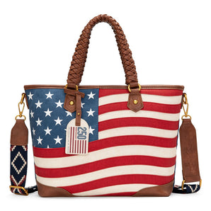 MW-HB-1385G-8317-RD Montana West American Flag Braided Concealed Carry Tote Bag - Red