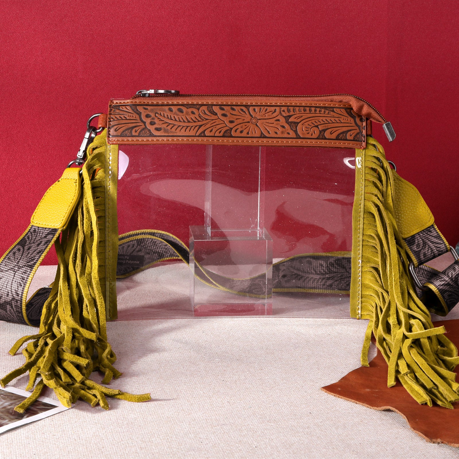 MW906-A191 Montana West Western Fringe Stadium Clear Crossbody Bag - Mustard