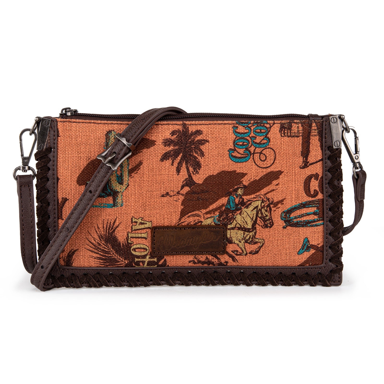 WG60-181 Wrangler Vintage Retro Cowboy Cool Print Clutch/Crossbody - Brown