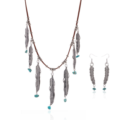 WNS-1030   Rustic Couture's Silver Feather Charms Leather Necklace Earrings Set