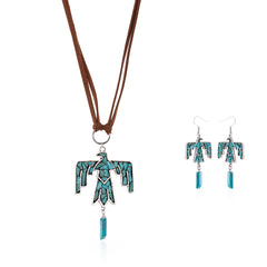 WNS-1043  Wrangler Jewelry Sets Thunderbird Pendant Leather Necklace Earrings Set