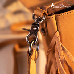 RLC-L187 Montana West Genuine Leather Tooled Fringe Crossbody - Light Brown
