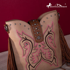 MW1247-9360  Montana West Embroidered Fringe Collection Boot Purse Crossbody