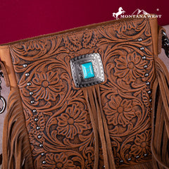 MWR-062 Montana West Genuine Leather Tooled Silver Turquoise Concho Fringe Crossbody - Brown