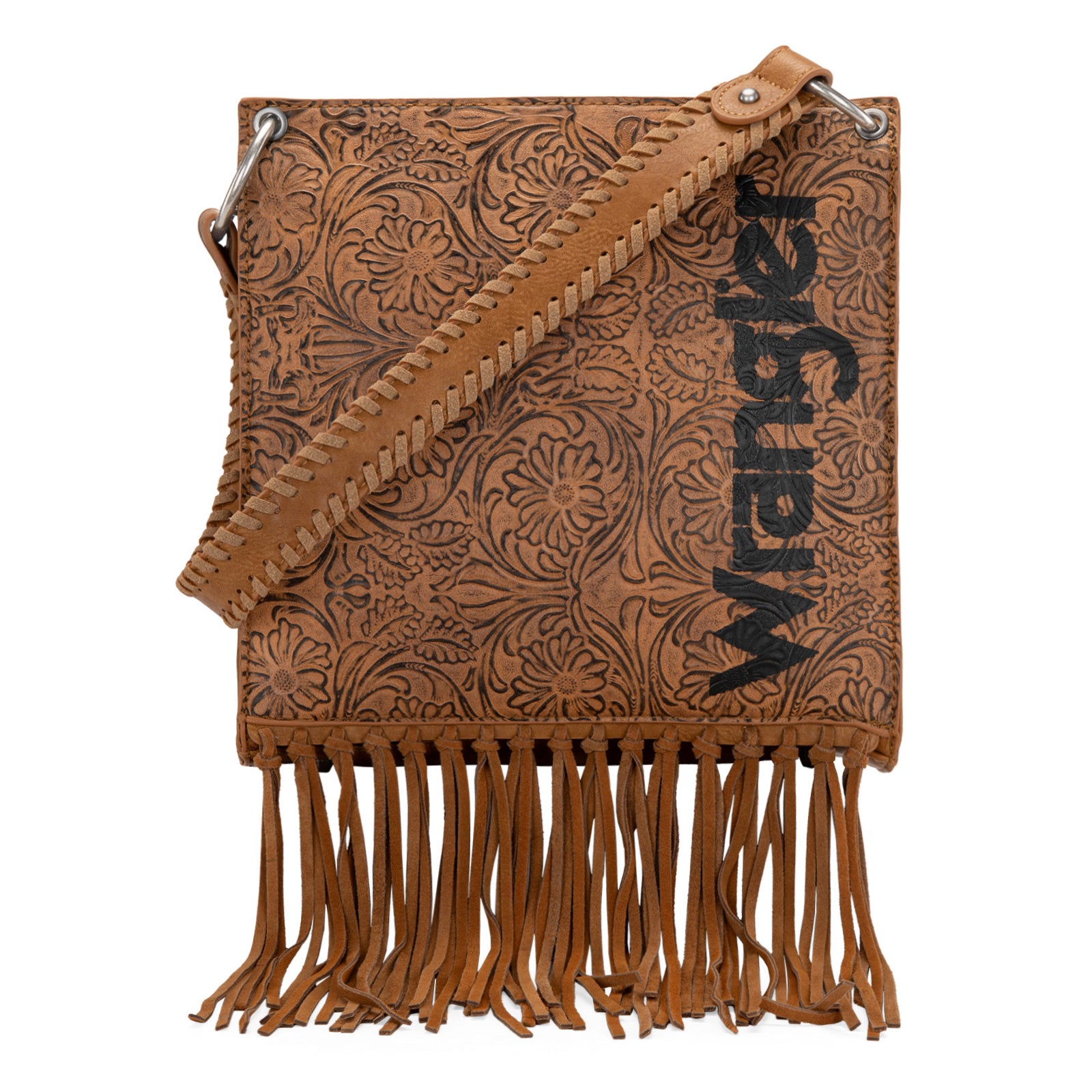 WG45G-918 Wrangler Floral Embossed Fringe Concealed Carry Hobo/Crossbody - Light Brown