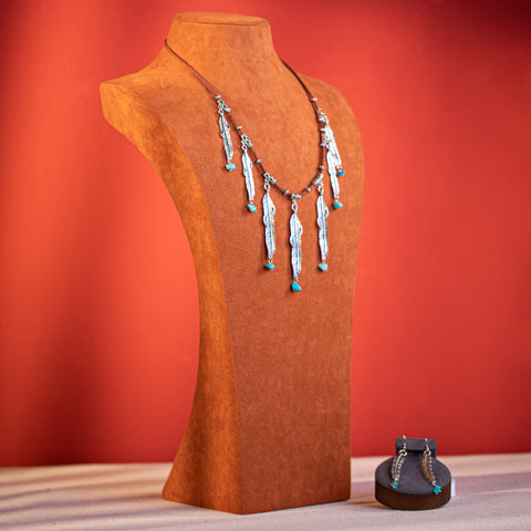 WNS-1030   Rustic Couture's Silver Feather Charms Leather Necklace Earrings Set