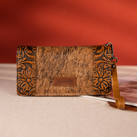 WG66-W039  Wrangler Hair-On Cowhide Vintage Floral Tooled Wallet - Brown