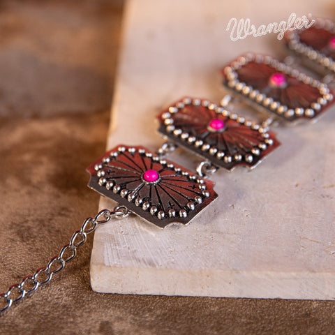 WGW-1003  Wrangler  Silver  Chain Concho Cuff Bracelet Hot Pink  Stone - Hot Pink