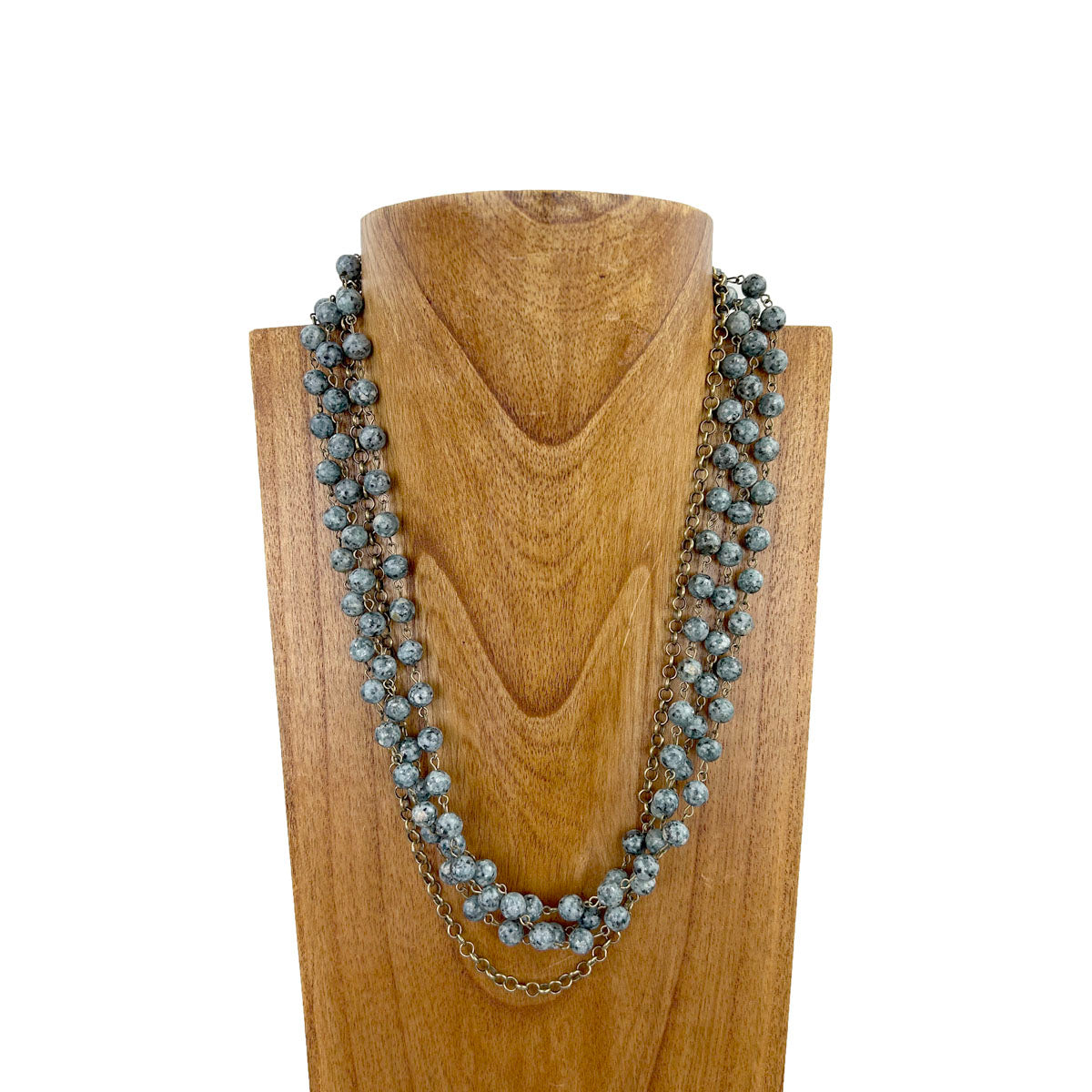 NKS230603-05 3 Layers Grey Jasper stone beads with brass color metal chain Necklace