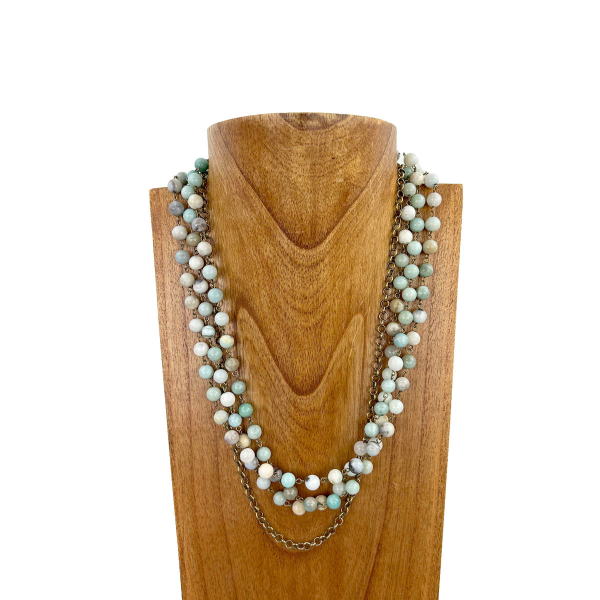 NKS230603-06 3 Layers Jasper stone beads with brass color metal chain Necklace