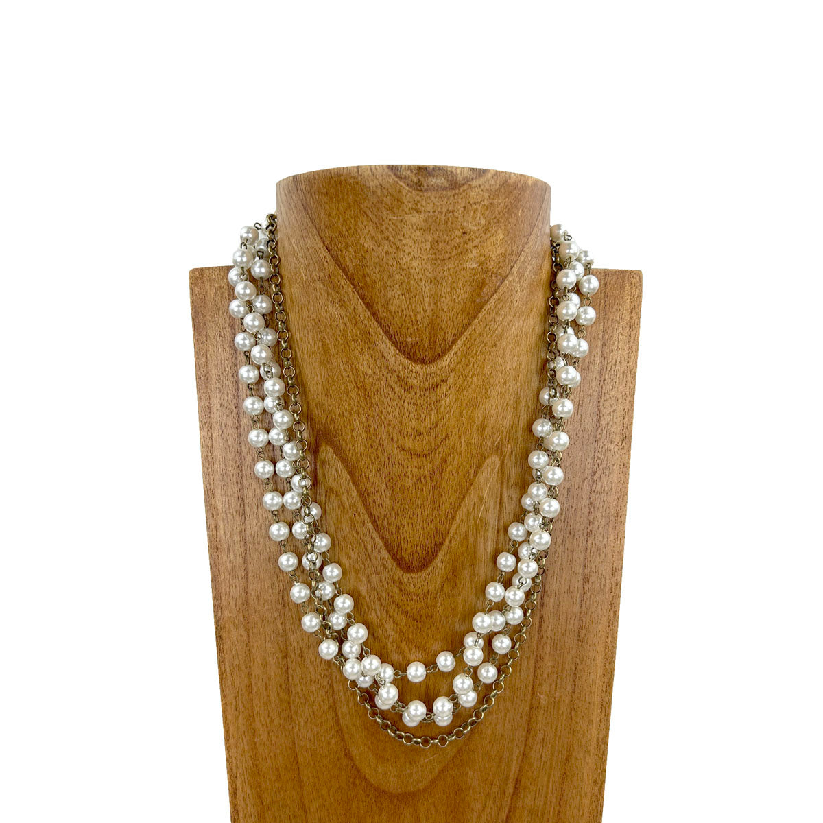 NKS230603-08 3 Layers Glass Pearl Beads with brass color metal chain Necklace