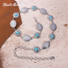 RCB-03-116  Rustic Couture Etched Oval Turquoise Stone Centered Concho Link Chain Belt