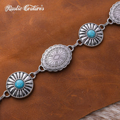 RCB-03-116  Rustic Couture Etched Oval Turquoise Stone Centered Concho Link Chain Belt