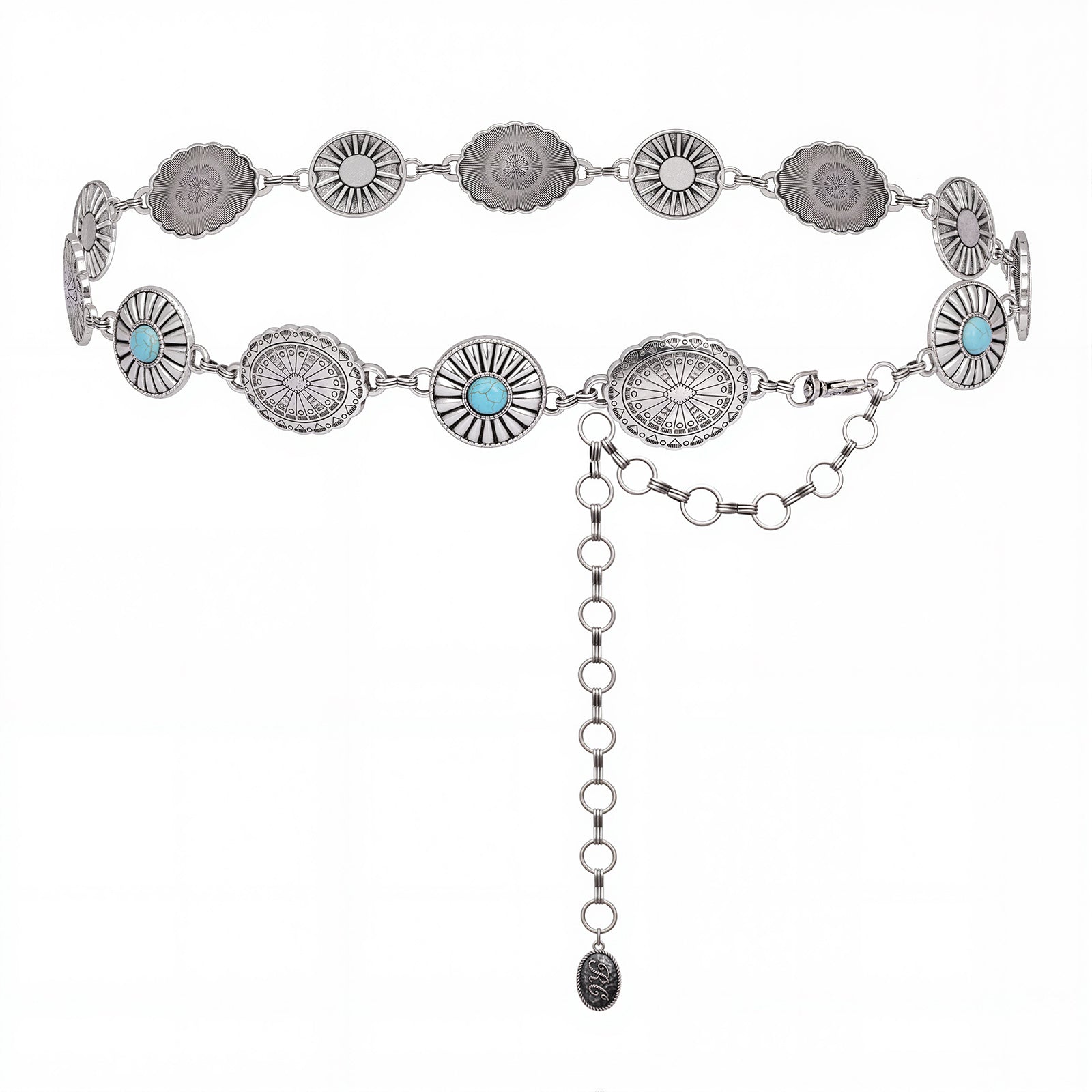 RCB-03-116  Rustic Couture Etched Oval Turquoise Stone Centered Concho Link Chain Belt