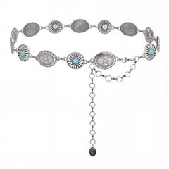 RCB-03-116  Rustic Couture Etched Oval Turquoise Stone Centered Concho Link Chain Belt