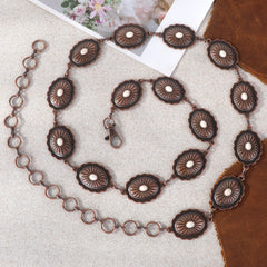 RCB-1023  Rustic Couture Etched Silver/Bronze  Oval Stone Centered Concho Link Chain Belt