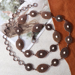 RCB-1024  Rustic Couture Etched Silver/Bronze  Oval Stone Centered Concho Link Chain Belt