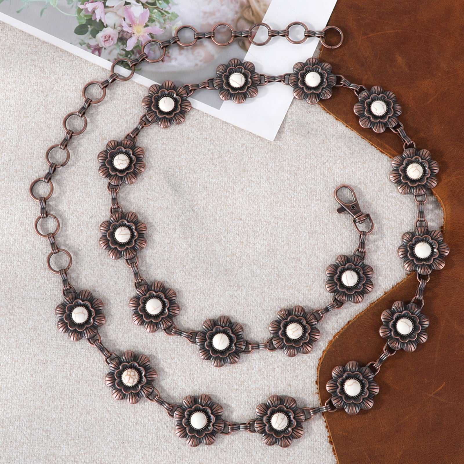 RCB-1043 Rustic Couture Flower Concho Link Chain Belt with White Inlays