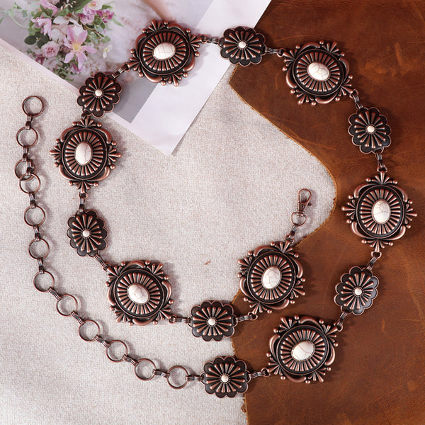 Rustic Couture - Womens Etched Oval Floral Turquoise Stone Centered Concho Link Chain Belt main image 1