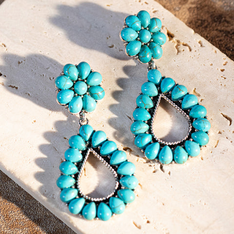 RCE-1063  Rustic Couture's  Teardrop Loop Artificial Stone Silver Base Dangling Earring