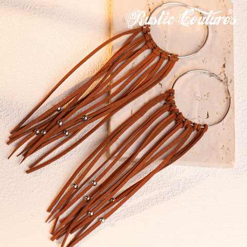 RCE-1090 Rustic Couture's  Bohemian Suede Tassel Hoop Statement Earrings