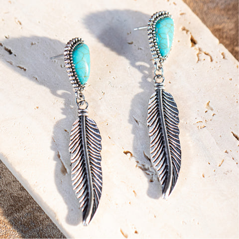 RCE-1095 Rustic Couture's Hot Pink Nature Stone with Feather Silver Dangling Earring -Turquoise