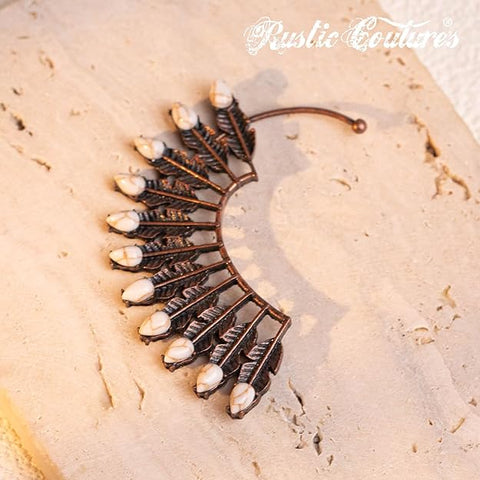 RCE-1102  Rustic Couture's Feather White Turquoise Ear Cuff