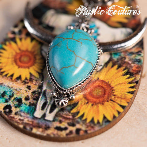 RCE-1125  Rustic Couture's  Long Horn Tear Drop Wood Painted Pattern  Earring