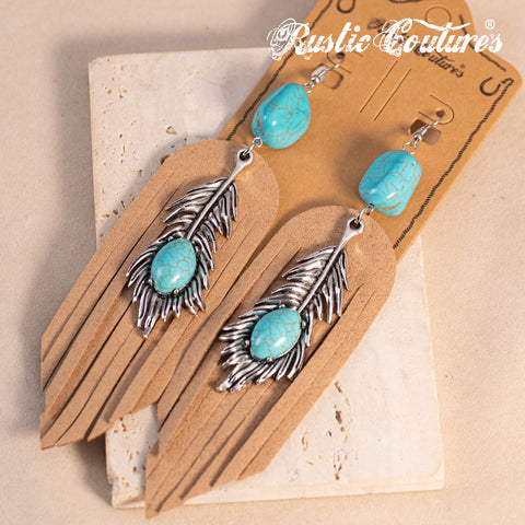 RCE-1134   Rustic Couture's  Silver Feather Turquoise Stone Suede Tassels Hook Statement Earrings