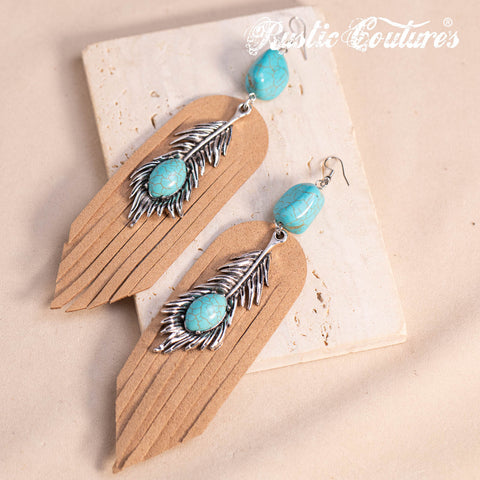 RCE-1134   Rustic Couture's  Silver Feather Turquoise Stone Suede Tassels Hook Statement Earrings