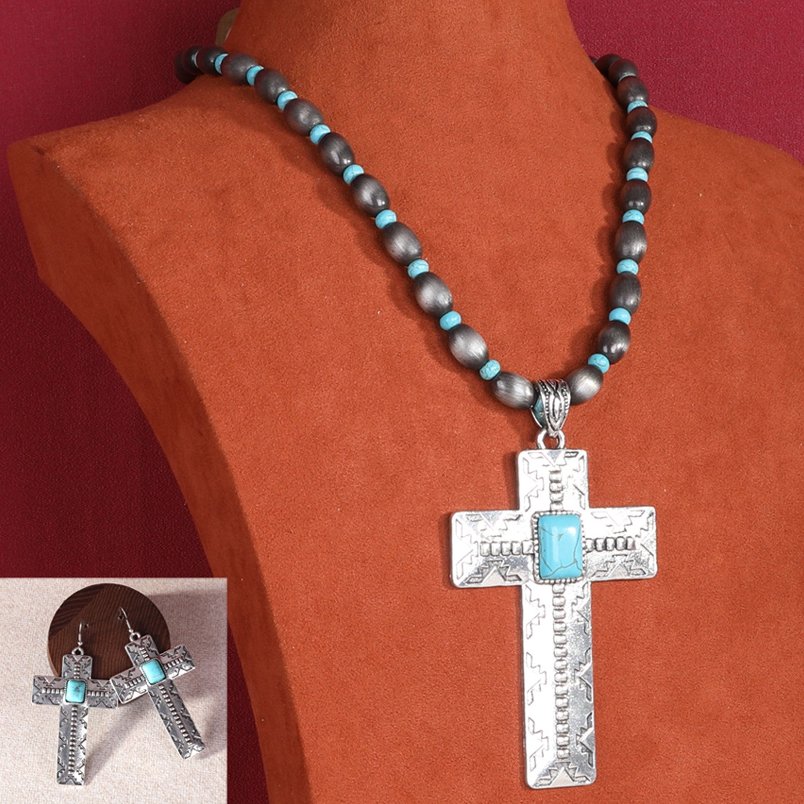 RNS-1012 Rustic Couture's Beaded Necklace Silver Turquoise Stone Cross Pendant Necklace Earring Set