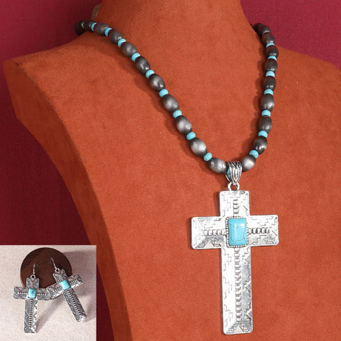RNS-1012  Rustic Couture's  Beaded Necklace Silver Turquoise Stone Cross Pendant Necklace Earring Set