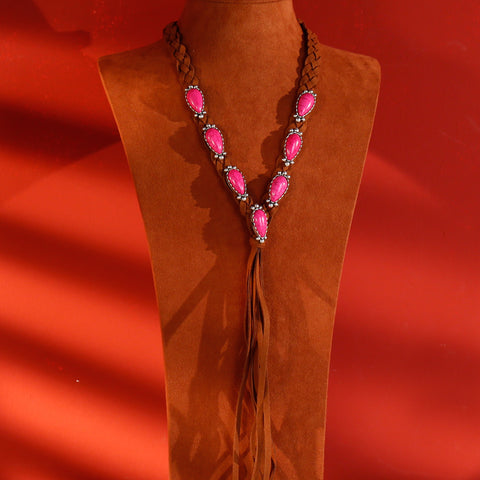 RNS-1014  Rustic Couture's Bohemian Suede Braided Stone Concho Tassel Necklace Y Shape