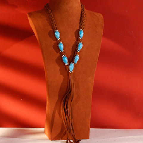 RNS-1014  Rustic Couture's Bohemian Suede Braided Stone Concho Tassel Necklace Y Shape