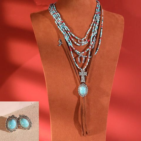 RNS-1023  Rustic Couture's Turquoise Beaded Leather Layered Necklace Western Charms  Earrings Set