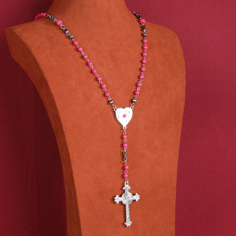 RNS-1026  Rustic Couture's  Beaded Heart Shape Cross  Pendant Necklace