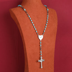 RNS-1026  Rustic Couture's  Beaded Heart Shape Cross  Pendant Necklace