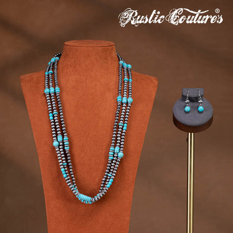 RNS-1032  Rustic Couture's  Layered Beaded Necklace Earrings Set