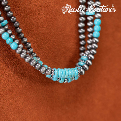 RNS-1032  Rustic Couture's  Layered Beaded Necklace Earrings Set