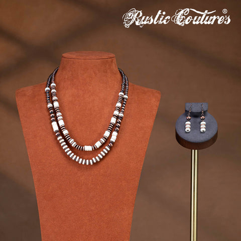 RNS-1034  Rustic Couture's  Beaded  Layered Necklace Earrings Set