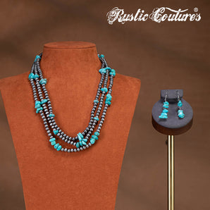 RNS-1037 Rustic Couture's Layered Beaded Chips Mixed Necklace Earrings Set