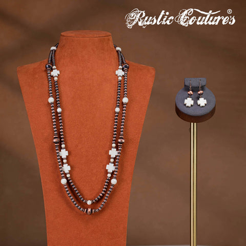 RNS-1038  Rustic Couture's  Layered Beaded Necklace Earrings Set