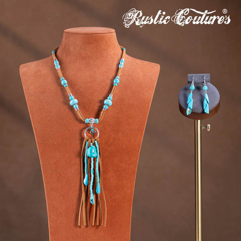 RNS-1043  Rustic Couture's Navajo Beaded Leather Tassels Turquoise/White Stone Necklace Earring Set