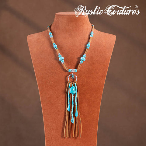 RNS-1043  Rustic Couture's Navajo Beaded Leather Tassels Turquoise/White Stone Necklace Earring Set