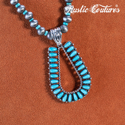RNS-1044  Rustic Couture's   Beaded Necklace Turquoise Beaded Horse Shoe Pendant Earrings Set