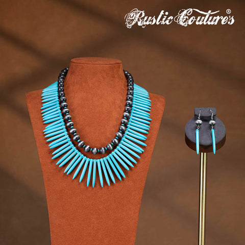 RNS-1046  Rustic Couture's Bohemian Beaded Necklace Earrings Set
