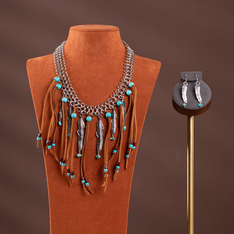 RNS-1049  Rustic Couture's Navajo Beaded Leather Tassels Feather Charms Necklace Earring Set