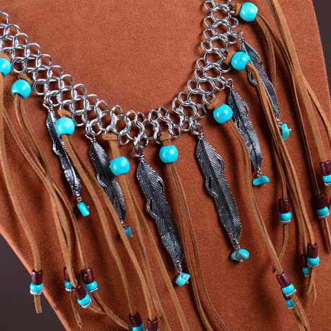RNS-1049  Rustic Couture's Navajo Beaded Leather Tassels Feather Charms Necklace Earring Set