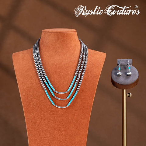 RNS-1051  Rustic Couture's  Bohemian Layered Beaded Necklace Earrings Set