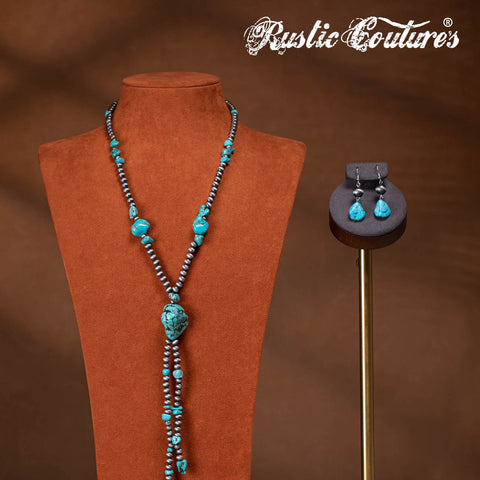 RNS-1052  Rustic Couture's Bohemian Y Shaped Beaded Nougat Necklace With Earing